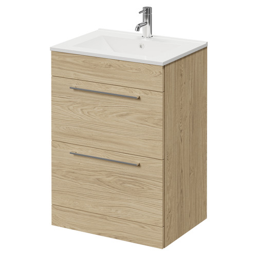 Napoli Light Oak 600mm Floor Standing Vanity Unit with 1 Tap Hole Minimalist Basin and 2 Drawers with Chrome Handles Right Hand View