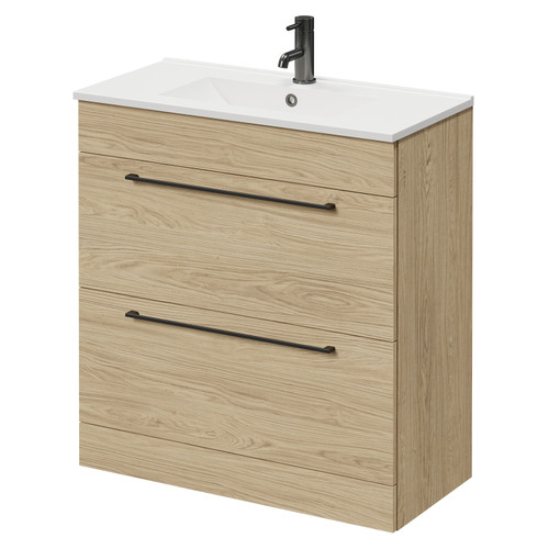 Napoli Light Oak 800mm Floor Standing Vanity Unit with 1 Tap Hole Minimalist Basin and 2 Drawers with Gunmetal Grey Handles Right Hand View