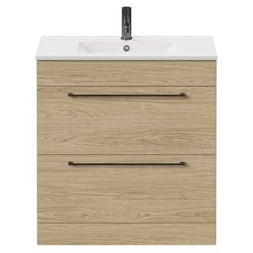 Napoli Light Oak 800mm Floor Standing Vanity Unit with 1 Tap Hole Minimalist Basin and 2 Drawers with Gunmetal Grey Handles Front View