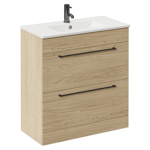 Napoli Light Oak 800mm Floor Standing Vanity Unit with 1 Tap Hole Minimalist Basin and 2 Drawers with Gunmetal Grey Handles Left Hand View