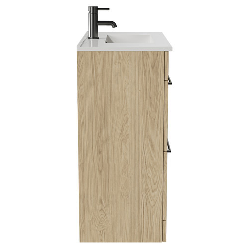Napoli Light Oak 800mm Floor Standing Vanity Unit with 1 Tap Hole Minimalist Basin and 2 Drawers with Gunmetal Grey Handles Side View