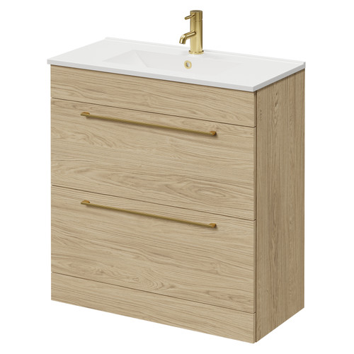 Napoli Light Oak 800mm Floor Standing Vanity Unit with 1 Tap Hole Minimalist Basin and 2 Drawers with Brushed Brass Handles Right Hand View