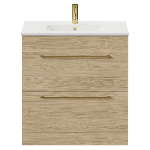 Napoli Light Oak 800mm Floor Standing Vanity Unit with 1 Tap Hole Minimalist Basin and 2 Drawers with Brushed Brass Handles Front View