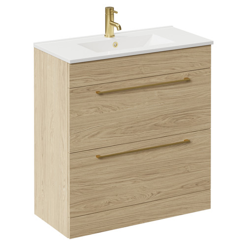 Napoli Light Oak 800mm Floor Standing Vanity Unit with 1 Tap Hole Minimalist Basin and 2 Drawers with Brushed Brass Handles Left Hand View