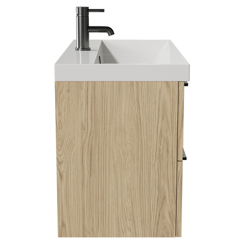 Napoli Light Oak 800mm Wall Mounted Vanity Unit with 1 Tap Hole Slim Edge Basin and 2 Drawers with Gunmetal Grey Handles Side View