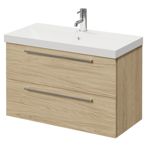 Napoli Light Oak 800mm Wall Mounted Vanity Unit with 1 Tap Hole Slim Edge Basin and 2 Drawers with Chrome Handles Right Hand View