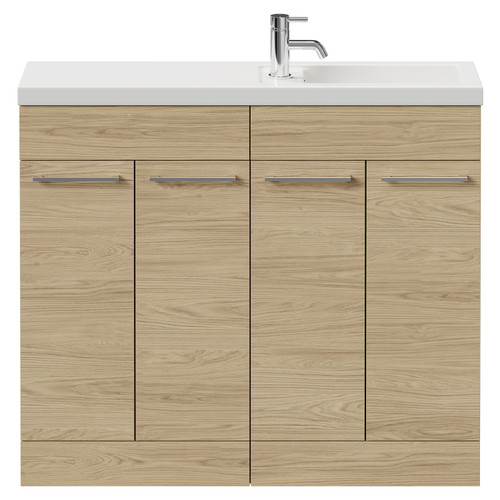 Napoli Combination Light Oak 1000mm Floor Standing Vanity Unit with Slimline 1 Tap Hole Basin and 4 Doors with Chrome Handles Front View