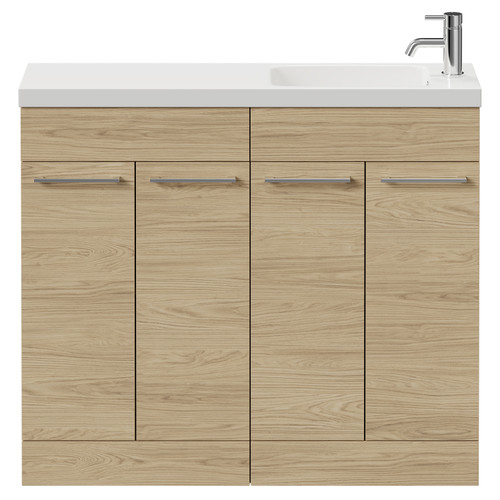 Napoli Combination Light Oak 1000mm Floor Standing Vanity Unit with Slimline 1 Tap Hole Round Basin and 4 Doors with Chrome Handles Front View