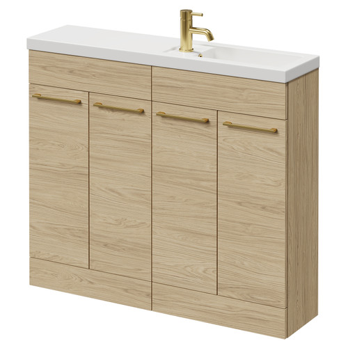 Napoli Combination Light Oak 1000mm Floor Standing Vanity Unit with Slimline 1 Tap Hole Basin and 4 Doors with Brushed Brass Handles Right Hand View