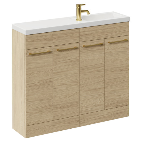 Napoli Combination Light Oak 1000mm Floor Standing Vanity Unit with Slimline 1 Tap Hole Basin and 4 Doors with Brushed Brass Handles Left Hand View