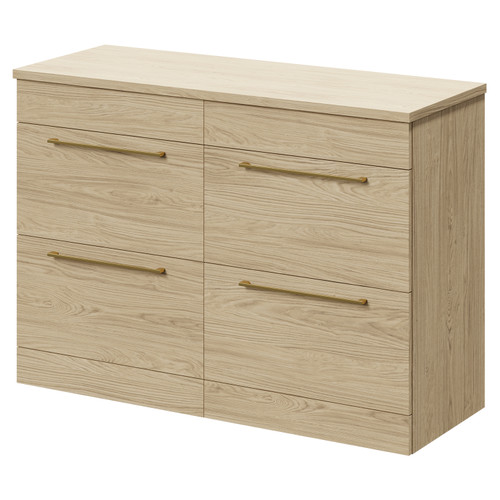 Napoli Light Oak 1200mm Floor Standing Vanity Unit for Countertop Basins with 4 Drawers and Brushed Brass Handles Right Hand View