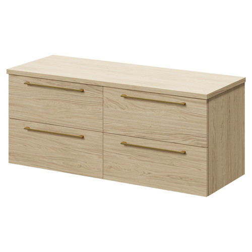 Napoli Light Oak 1200mm Wall Mounted Vanity Unit for Countertop Basins with 4 Drawers and Brushed Brass Handles Right Hand View