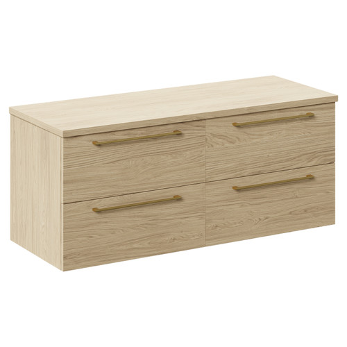 Napoli Light Oak 1200mm Wall Mounted Vanity Unit for Countertop Basins with 4 Drawers and Brushed Brass Handles Left Hand View