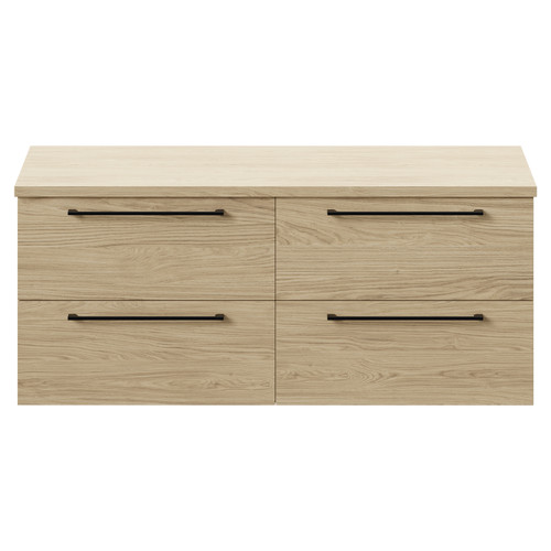 Napoli Light Oak 1200mm Wall Mounted Vanity Unit for Countertop Basins with 4 Drawers and Matt Black Handles Front View