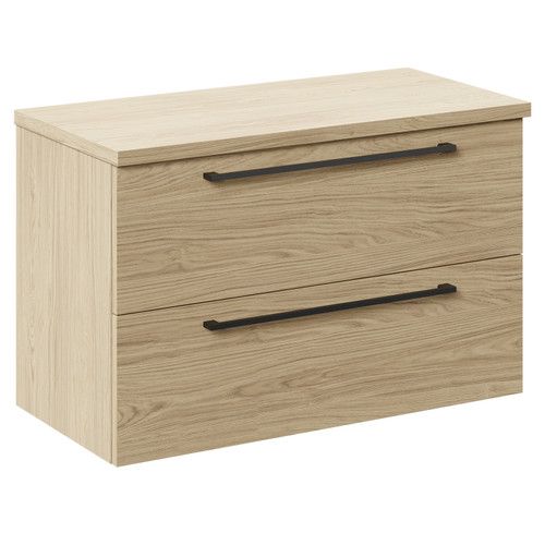 Napoli 390 Light Oak 800mm Wall Mounted Vanity Unit for Countertop Basins with 2 Drawers and Gunmetal Grey Handles Left Hand View
