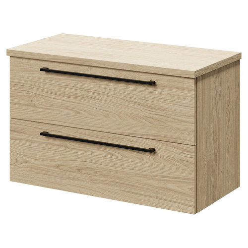Napoli 390 Light Oak 800mm Wall Mounted Vanity Unit for Countertop Basins with 2 Drawers and Matt Black Handles Right Hand View