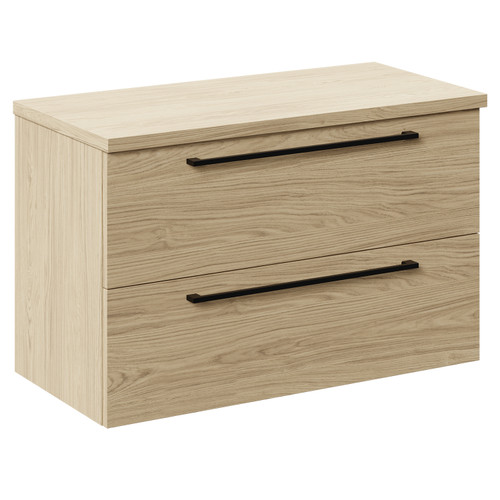 Napoli 390 Light Oak 800mm Wall Mounted Vanity Unit for Countertop Basins with 2 Drawers and Matt Black Handles Left Hand View