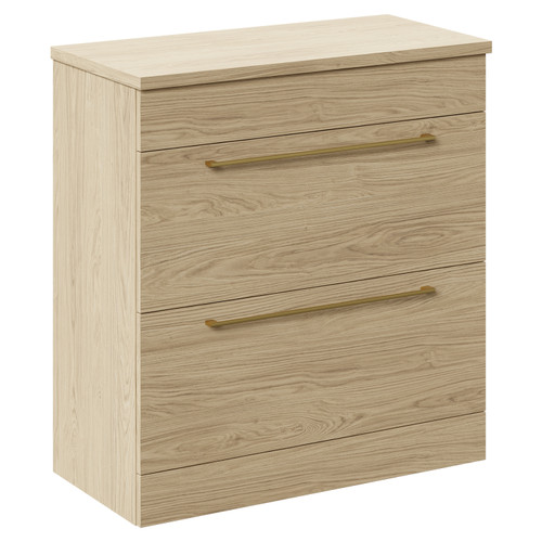 Napoli 390 Light Oak 800mm Floor Standing Vanity Unit for Countertop Basins with 2 Drawers and Brushed Brass Handles Left Hand View