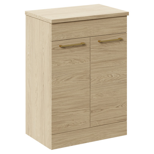 Napoli 390 Light Oak 600mm Floor Standing Vanity Unit for Countertop Basins with 2 Doors and Brushed Brass Handles Left Hand View