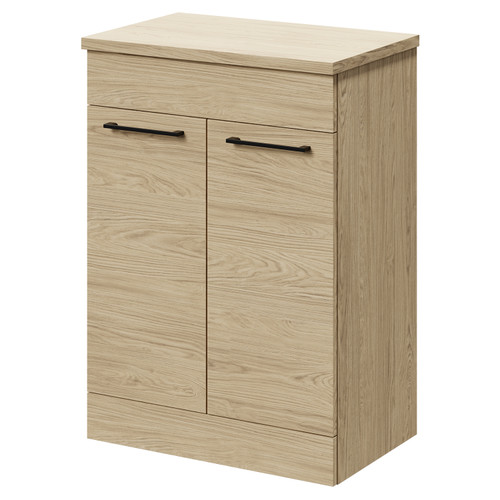 Napoli 390 Light Oak 600mm Floor Standing Vanity Unit for Countertop Basins with 2 Doors and Matt Black Handles Right Hand View