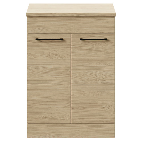 Napoli 390 Light Oak 600mm Floor Standing Vanity Unit for Countertop Basins with 2 Doors and Matt Black Handles Front View