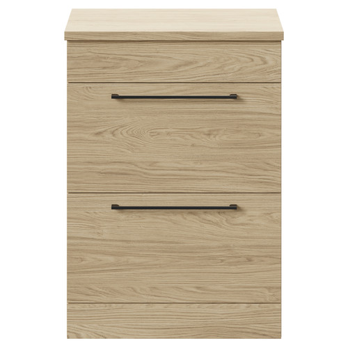 Napoli 390 Light Oak 600mm Floor Standing Vanity Unit for Countertop Basins with 2 Drawers and Gunmetal Grey Handles Front View