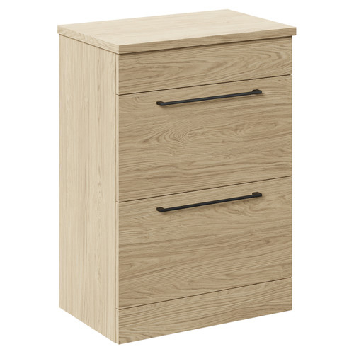 Napoli 390 Light Oak 600mm Floor Standing Vanity Unit for Countertop Basins with 2 Drawers and Gunmetal Grey Handles Left Hand View