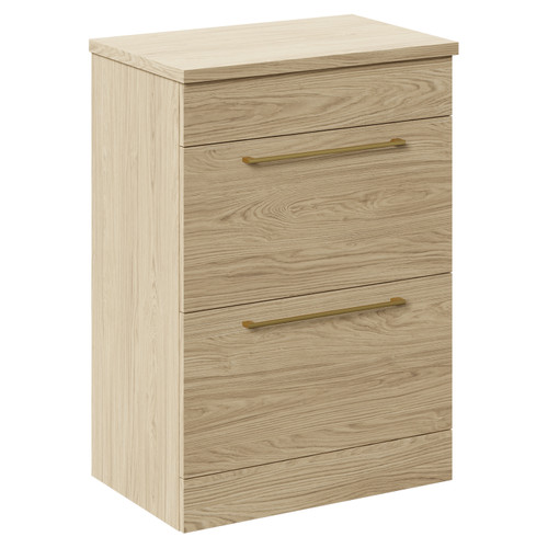 Napoli 390 Light Oak 600mm Floor Standing Vanity Unit for Countertop Basins with 2 Drawers and Brushed Brass Handles Left Hand View