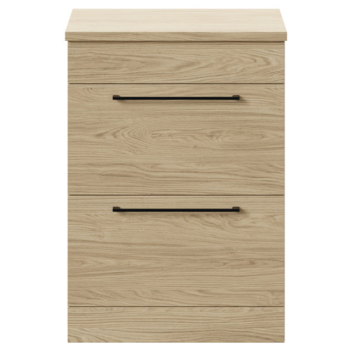 Napoli 390 Light Oak 600mm Floor Standing Vanity Unit for Countertop Basins with 2 Drawers and Matt Black Handles Front View