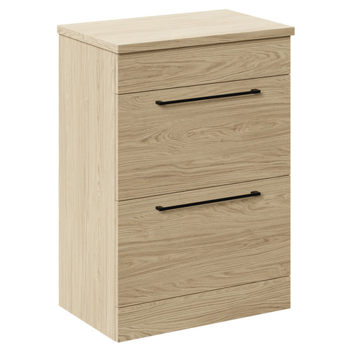 Napoli 390 Light Oak 600mm Floor Standing Vanity Unit for Countertop Basins with 2 Drawers and Matt Black Handles Left Hand View