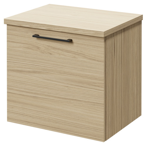 Napoli Light Oak 500mm Wall Mounted Vanity Unit for Countertop Basins with Single Drawer and Gunmetal Grey Handle Right Hand View