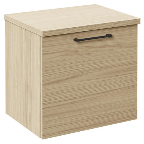 Napoli Light Oak 500mm Wall Mounted Vanity Unit for Countertop Basins with Single Drawer and Gunmetal Grey Handle Left Hand View