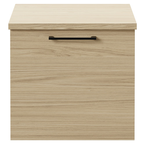 Napoli Light Oak 500mm Wall Mounted Vanity Unit for Countertop Basins with Single Drawer and Matt Black Handle Front View