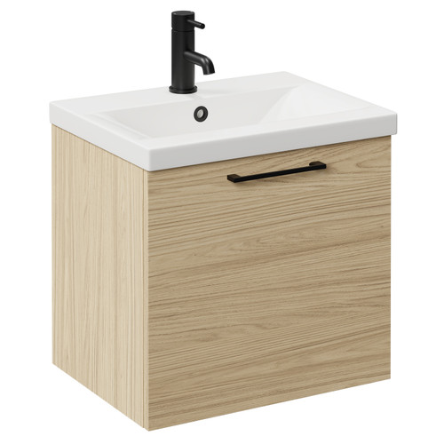 Napoli Light Oak 500mm Wall Mounted Vanity Unit with 1 Tap Hole Basin and Single Drawer with Matt Black Handle Left Hand View