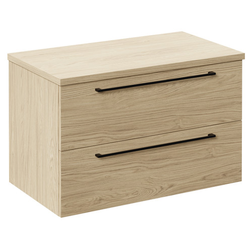 Napoli Light Oak 800mm Wall Mounted Vanity Unit for Countertop Basins with 2 Drawers and Matt Black Handles Left Hand View