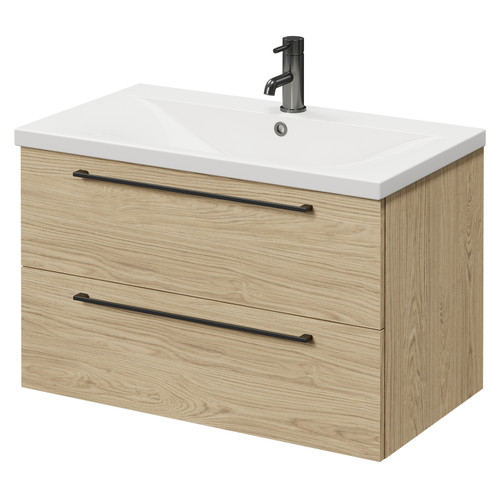 Napoli Light Oak 800mm Wall Mounted Vanity Unit with 1 Tap Hole Basin and 2 Drawers with Gunmetal Grey Handles Right Hand View