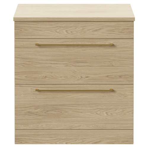 Napoli Light Oak 800mm Floor Standing Vanity Unit for Countertop Basins with 2 Drawers and Brushed Brass Handles Front View
