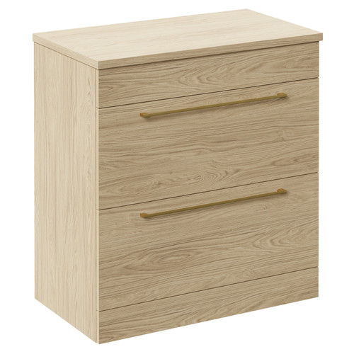 Napoli Light Oak 800mm Floor Standing Vanity Unit for Countertop Basins with 2 Drawers and Brushed Brass Handles Left Hand View