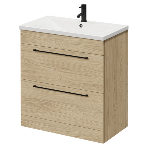 Napoli Light Oak 800mm Floor Standing Vanity Unit with 1 Tap Hole Basin and 2 Drawers with Matt Black Handles Right Hand View