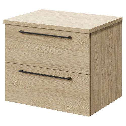 Napoli Light Oak 600mm Wall Mounted Vanity Unit for Countertop Basins with 2 Drawers and Gunmetal Grey Handles Right Hand View