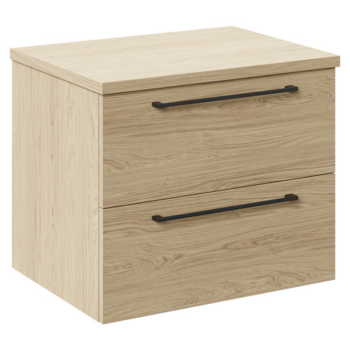 Napoli Light Oak 600mm Wall Mounted Vanity Unit for Countertop Basins with 2 Drawers and Gunmetal Grey Handles Left Hand View