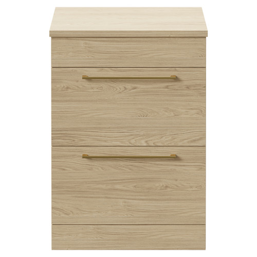 Napoli Light Oak 600mm Floor Standing Vanity Unit for Countertop Basins with 2 Drawers and Brushed Brass Handles Front View