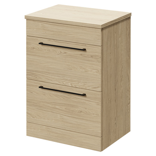Napoli Light Oak 600mm Floor Standing Vanity Unit for Countertop Basins with 2 Drawers and Matt Black Handles Right Hand View
