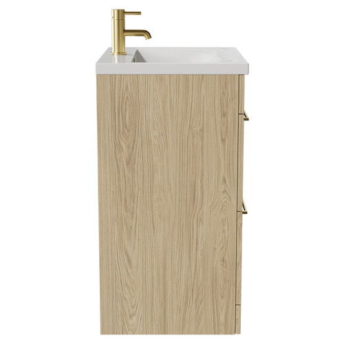 Napoli Light Oak 600mm Floor Standing Vanity Unit with 1 Tap Hole Basin and 2 Drawers with Brushed Brass Handles Side View