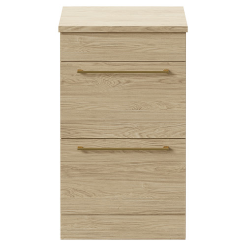 Napoli Light Oak 500mm Floor Standing Vanity Unit for Countertop Basins with 2 Drawers and Brushed Brass Handles Front View