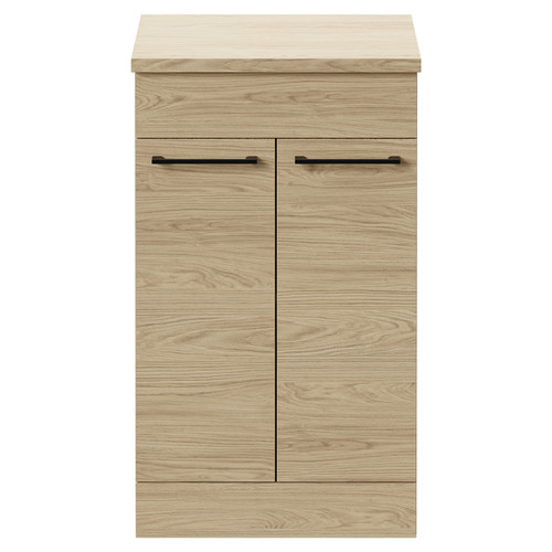 Napoli Light Oak 500mm Floor Standing Vanity Unit for Countertop Basins with 2 Doors and Matt Black Handles Front View