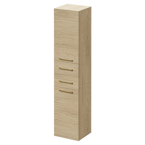 Napoli Light Oak 350mm x 1600mm Wall Mounted Tall Storage Unit with 2 Doors 2 Drawers and Brushed Brass Handles Right Hand View