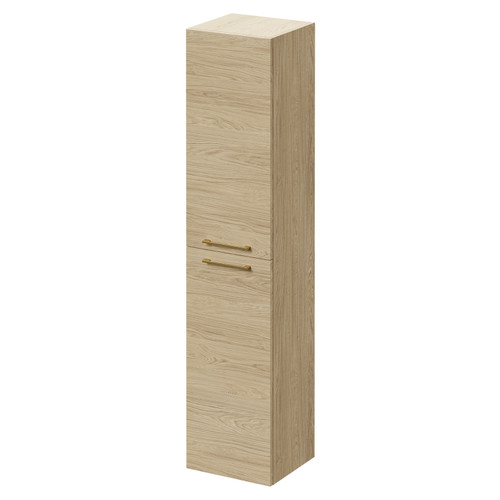 Napoli Light Oak 350mm x 1600mm Wall Mounted Tall Storage Unit with 2 Doors and Brushed Brass Handles Right Hand View