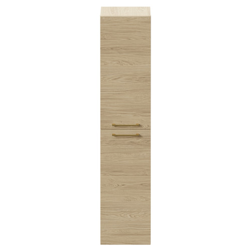 Napoli Light Oak 350mm x 1600mm Wall Mounted Tall Storage Unit with 2 Doors and Brushed Brass Handles Front View
