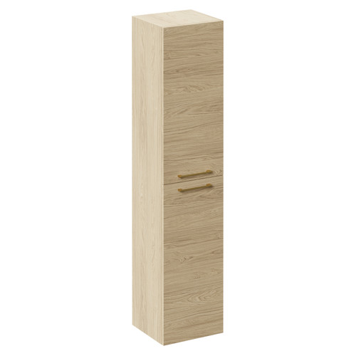 Napoli Light Oak 350mm x 1600mm Wall Mounted Tall Storage Unit with 2 Doors and Brushed Brass Handles Left Hand View